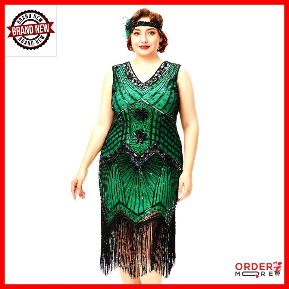 Plus Size Flapper Dress with Beads & Fringe, V Neck, 1920s Gatsby